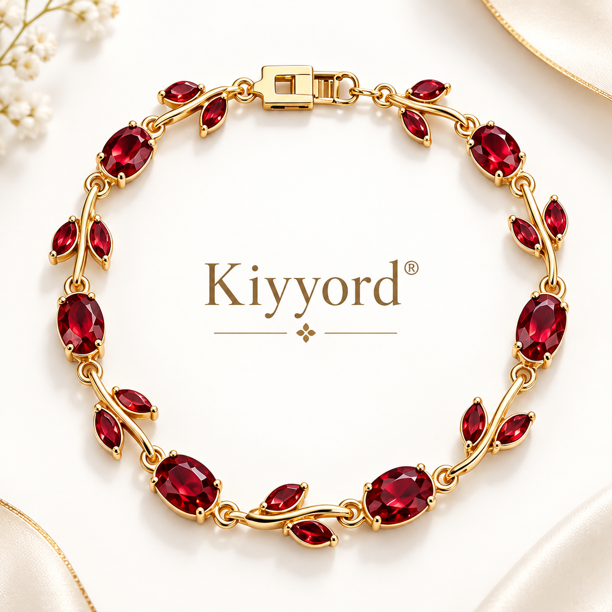 Kiyyord®Red Gemstone Leaf Vine Gold Bracelet