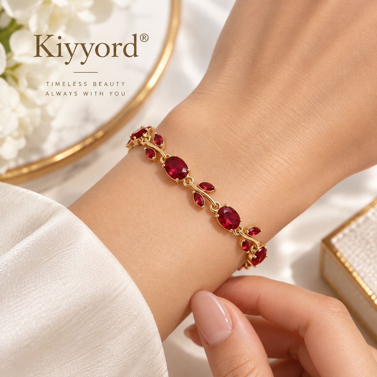 Kiyyord®Red Gemstone Leaf Vine Gold Bracelet