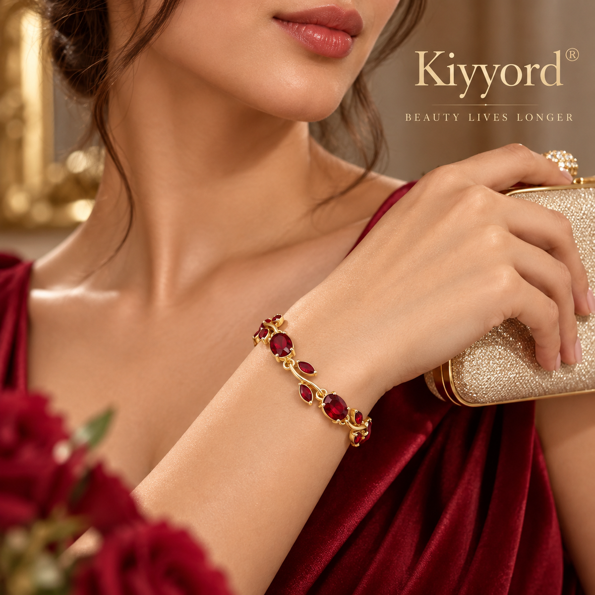 Kiyyord®Red Gemstone Leaf Vine Gold Bracelet