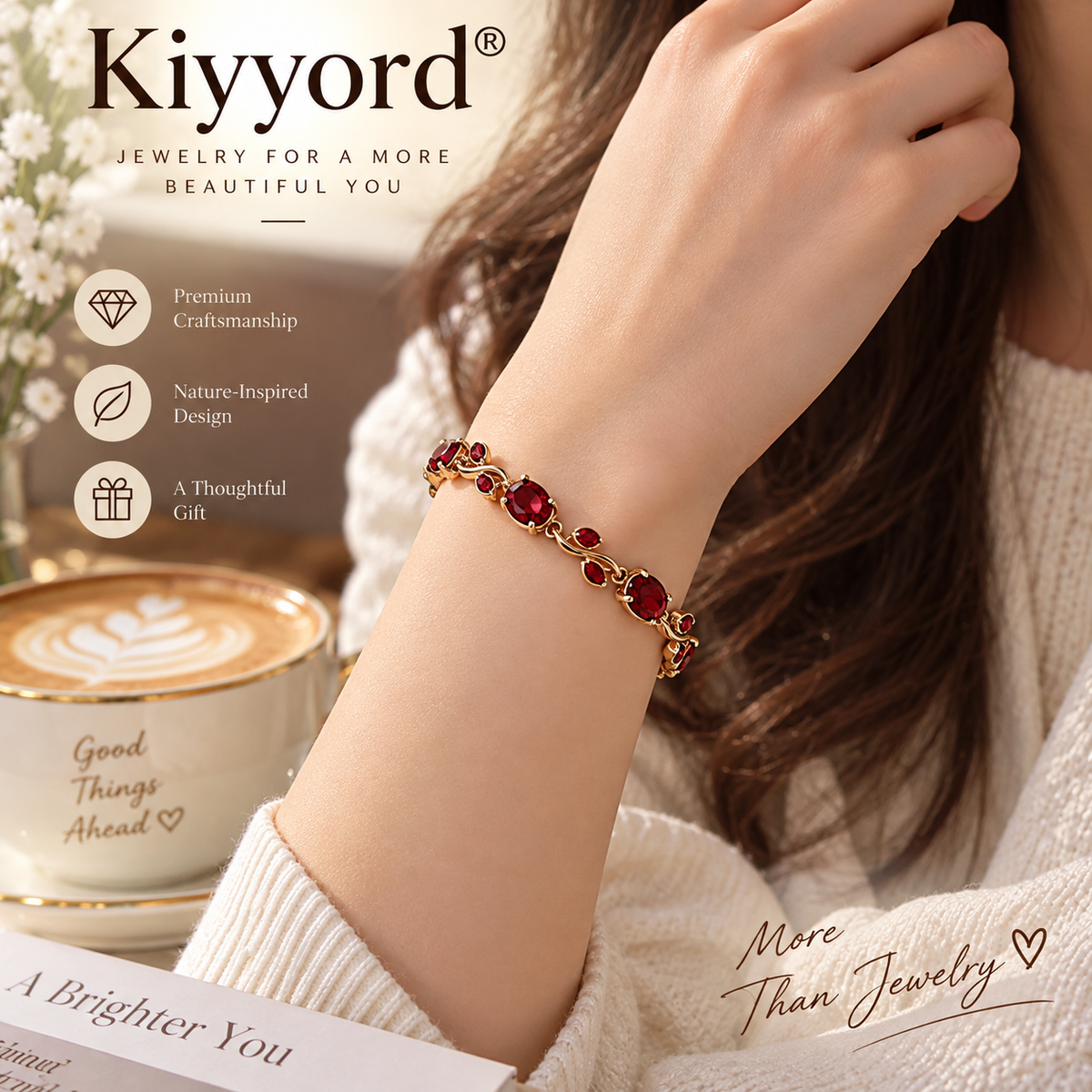 Kiyyord®Red Gemstone Leaf Vine Gold Bracelet